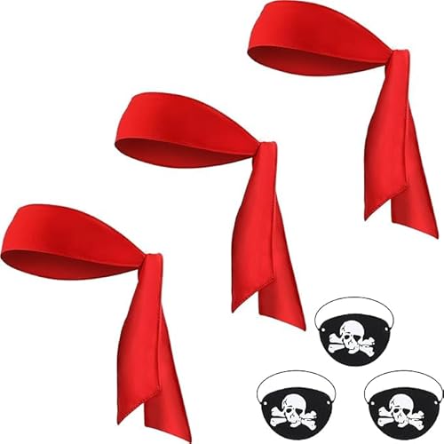 Niltracy 6-teiliges Piraten-Partyzubehör, inklusive 3 Haarbänder, Piratenkopf-Bandana, 3 schwarze Piraten-Augenklappen, Halloween (rot) von Niltracy