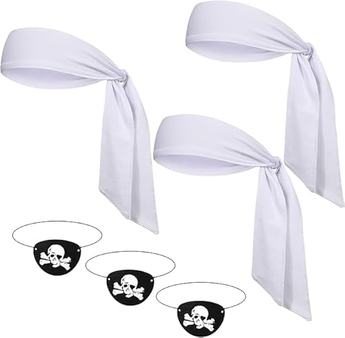 Niltracy 6-teiliges Piraten-Partyzubehör, inklusive 3 Haarbänder, Piratenkopf-Bandana, 3 schwarze Piraten-Augenklappen, Halloween (weiß) von Niltracy