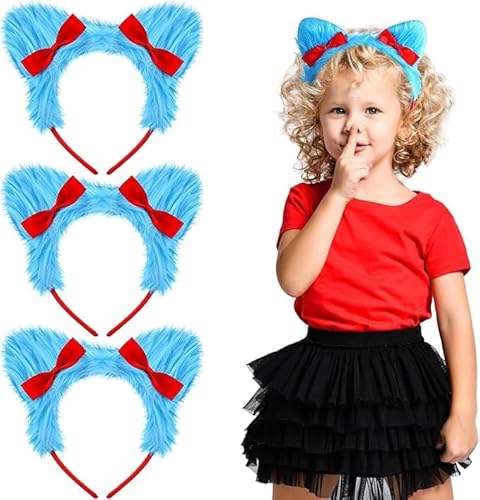 Niltracy Blaues flauschiges Stirnband mit roter Schleife, Halloween-Kostüm, Stirnbänder für Damen, Haar-Zubehör-Set, niedlicher Winter-Kopfschmuck für Erwachsene, Kinder, Cosplay-Party, 3 Stück von Niltracy