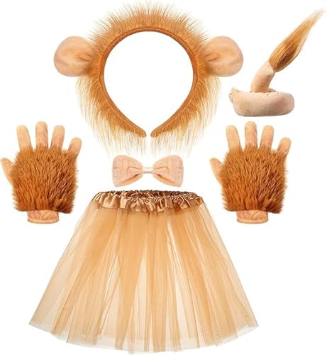 Niltracy Halloween-Löwen-Kostüm-Set, Löwe, Tierohren, Stirnband, Handschuhe, Schwanz, Fliege, Gold, Tutu, Rock, Tier-Kostüm, Zubehör für Mädchen von Niltracy