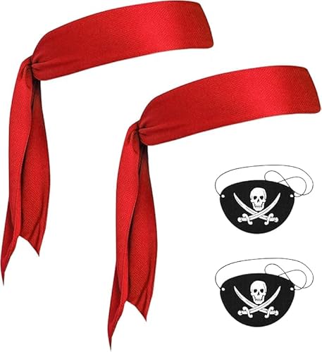 Niltracy Piratenhut, Party, Kapitän-Kostüm, Mütze, Halloween, Maskerade, Cosplay, Zubehör, Requisiten mit Augenklappe (2 x rotes Piratenkopf-Bandana) von Niltracy