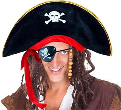 Niltracy Piratenhut Party Kapitän Kostüm Kappe Halloween Maskerade Cosplay Zubehör Requisiten mit Augenklappe (Schwarzer Piratenhut) von Niltracy