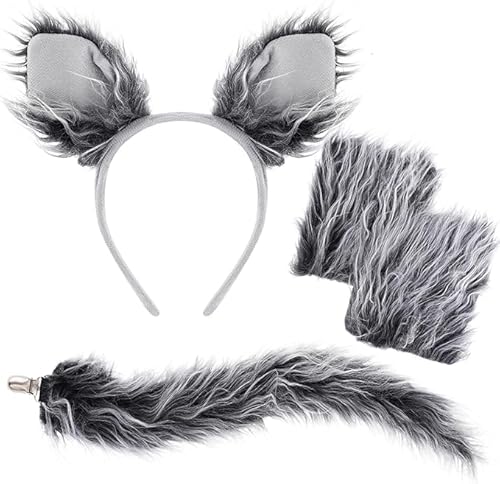 Niltracy Wolfskostüm-Set, graue Wolfsohren, Stirnband, Handschuhe und Schwänze, für Halloween, Verkleidungszubehör-Set von Niltracy