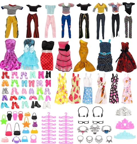 Nimeto 65-teiliges Set – Kleidung und Zubehör für Puppen im Barbie-Stil – Outfits, Prinzessinnenkleider, Sommerkleider, Schuhe, Taschen, Schmuck, Kronen, Brillen, Laptop, Headsets, Kleiderbügel von Nimeto