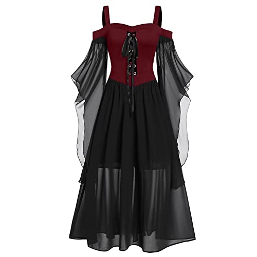 Ninedayx Damenkleidung Gothic Mittelalter Renaissances Viktorianisches Kostüm Damen Halloween Kostüme Ärmel 2024 Korsett Vintage ausgestelltes Kleid Engel Spitzenkleid Mittelalter Steampunk Kostüm von Ninedayx