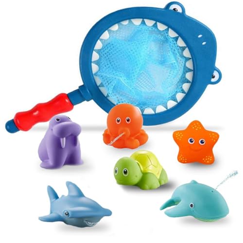 7 Stück Baby Badespielzeug Set,Badewannenspielzeug ab 1 Jahr,Badewanne Spielzeug Kinder Wasserspritztiere mit Fischernetz, Badewannenspielzeug von Ninesun