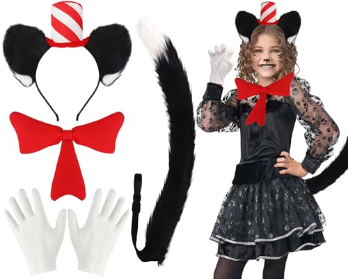 NinkyNonk Halloween-Katzenkostüm, flauschiges Katzen-Stirnband, Schwanz, Fliege, Handschuhe für Kinder und Erwachsene, Halloween, Katze, Cosplay, 5 Stück von NinkyNonk