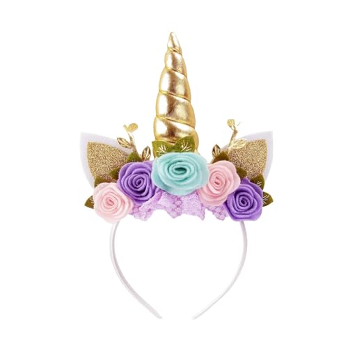 Nishin Einhorn Stirnband Vlies Blumen Katzenohren Pony Stirnbänder Glitzer Hupe für Rollenspiele Einhorn Partei Zubehör(Gold,türkis) von Nishine