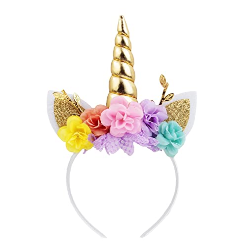 Nishine Einhorn Horn Floral Stirnband Glitter Ohren Pony Kopfbänder Tiara für Mädchen Party Geburtstag Cosplay(Gold&Rosa) von Nishine