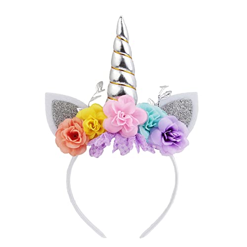 Nishine Einhorn Horn Floral Stirnband Glitter Ohren Pony Kopfbänder Tiara für Mädchen Party Geburtstag Cosplay(Silber&Rosa) von Nishine