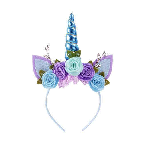 Nishine Einhorn Stirnband Vlies Blumen Katzenohren Pony Stirnbänder Glitzer Hupe für Rollenspiele Einhorn Partei Zubehör(Blau) von Nishine