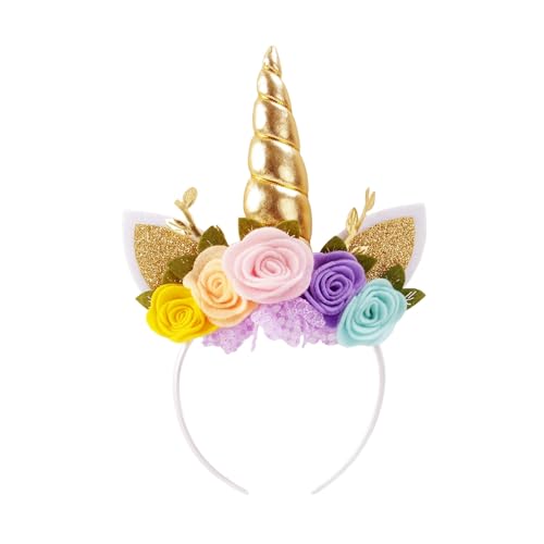 Nishine Einhorn Stirnband Vlies Blumen Katzenohren Pony Stirnbänder Glitzer Hupe für Rollenspiele Einhorn Partei Zubehör(Gold,rosa) von Nishine