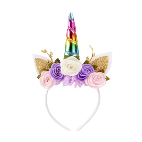 Nishine Einhorn Stirnband Vlies Blumen Katzenohren Pony Stirnbänder Glitzer Hupe für Rollenspiele Einhorn Partei Zubehör(Regenbogen) von Nishine