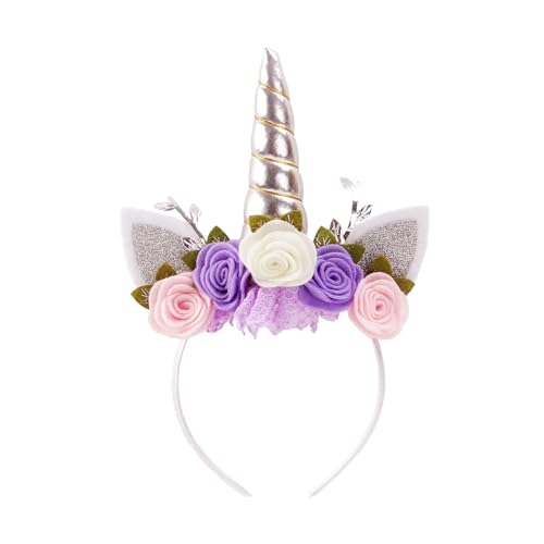 Nishin Einhorn Stirnband Vlies Blumen Katzenohren Pony Stirnbänder Glitzer Hupe für Rollenspiele Einhorn Partei Zubehör(Silber,beige) von Nishine