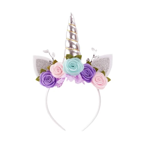 Nishine Einhorn Stirnband Vlies Blumen Katzenohren Pony Stirnbänder Glitzer Hupe für Rollenspiele Einhorn Partei Zubehör(Silber,türkis) von Nishine