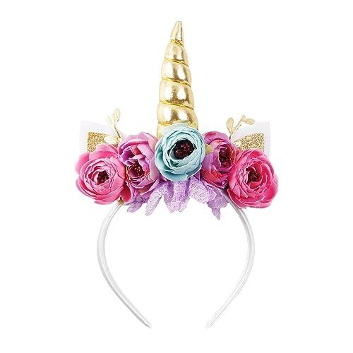 Nishine Mädchen Glitter Einhorn Horn Stirnband Kamelie Pony Stirnband Blume Haarband Tiara für Party Geburtstag Geschenk(Gold&Türkis) von Nishine