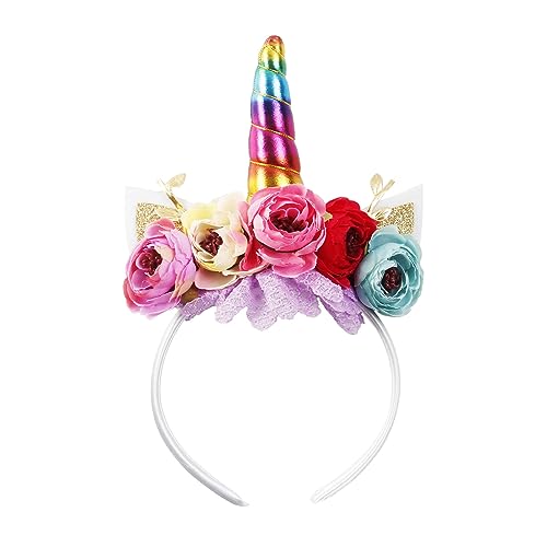 Nishine Mädchen Glitter Einhorn Horn Stirnband Kamelie Pony Stirnband Blume Haarband Tiara für Party Geburtstag Geschenk(Regenbogen) von Nishine