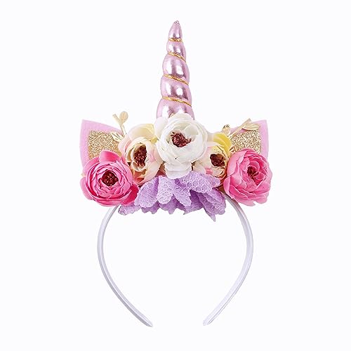 Nishine Mädchen Glitter Einhorn Horn Stirnband Kamelie Pony Stirnband Blume Haarband Tiara für Party Geburtstag Geschenk(Rosa) von Nishine