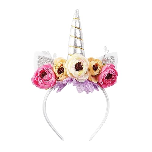 Nishine Mädchen Glitter Einhorn Horn Stirnband Kamelie Pony Stirnband Blume Haarband Tiara für Party Geburtstag Geschenk(Silber&Rosa) von Nishine