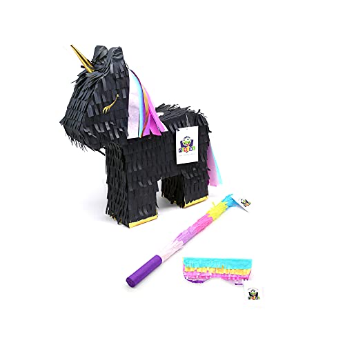 Einhorn Pinata Schwarz Set | Ideal als Pinata Geburtstag | Pinata Hochzeit | JGA Party | Geschenkidee | Party Dekoration oder Pinataspiel | inkl. Schlagstock und Augenmaske | u. 43x33x10 von Nislai