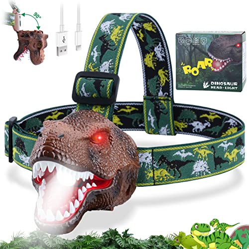 Nitigo Stirnlampe Kinder Dinosaurier, Dino Stirnlampe Kopflampe ab 4 5 6 7 Jahre, Stirnlampe LED mit Realistisch Dino Schreien, 4 Modelle Kopflampe Dino für Kinder Junge Weihnachten Geschenke von Nitigo