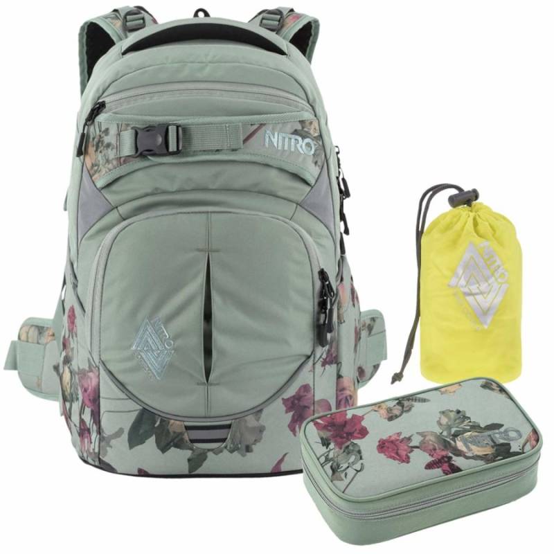 Nitro Schulrucksack Set SUPERHERO "dead flower" mit Schlamper und Regenhaube von Nitro