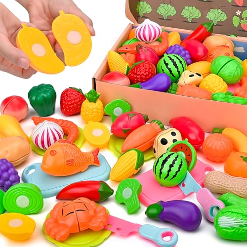 Niurome 45 pcs Kinderküche Zubehör, Spielküche Zubehör, Plastik Obst Und Gemüse Spielzeug, Kinderspielzeug, Schneidespielzeug mit Serviertablett, Weihnachten Geburtstag Geschenk für Mädchen Junge von Niurome