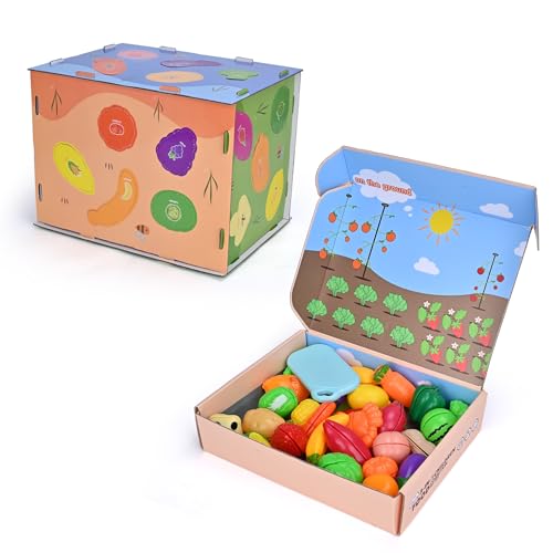 Niurome 45 pcs Kinderküche Zubehör, Plastik Obst Und Gemüse Spielzeug, Kinderspielzeug, Schneidespielzeug mit Serviertablett, 3 in 1 Weihnachten Geburtstag Geschenk für Mädchen Junge-1 von Niurome