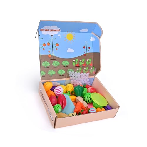 Niurome 45 pcs Kinderküche Zubehör, Spielküche Zubehör, Plastik Obst Und Gemüse Spielzeug, Kinderspielzeug, Schneidespielzeug mit Serviertablett, Weihnachten Geburtstag Geschenk für Mädchen Junge-4 von Niurome