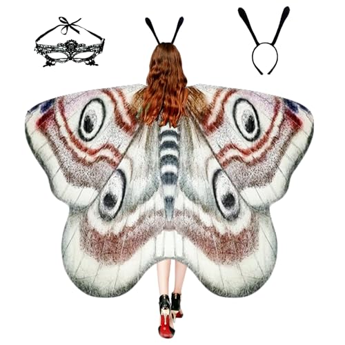 Halloween-Schmetterlingsflügel-Kostüm für Damen, Mottenflügel, Schmetterlingsumhang, Erwachsenenkostüm mit Maske und Stirnband (3 Stück), graue Motte, 190 x 127 cm, graue Motte, 78 "X50 von Niurui