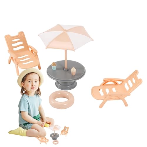 Nixiara Miniaturen Doll House Accessoires, Puppenhaus Strandzubehör | Netter Tisch Herzstück Strand Regenschirm Stuhl - Vielseitige Puppenhauszubehör Ative Figuren für Innen im Freien im Freien von Nixiara