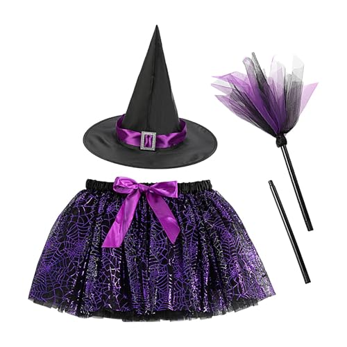 Hexenkostüm für Mädchen an Halloween – Set mit Tutu-Rock, Hut und Besen, Cosplay-Party-Set, violetter Rock mit Spinnen-Stoff und Futter, perfekt für Partys von Nixieen