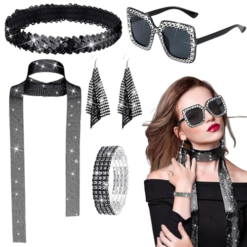 Nixieen Disco-Halskette, Disco-Schmuck für Frauen der 70er Jahre - Rock-Disco-Sonnenbrille - Pailletten-Halsband, Ohrringe, Armband, Stirnband, Sonnenbrille für Teenager-Erwachsenenkostüme, Cosplay von Nixieen