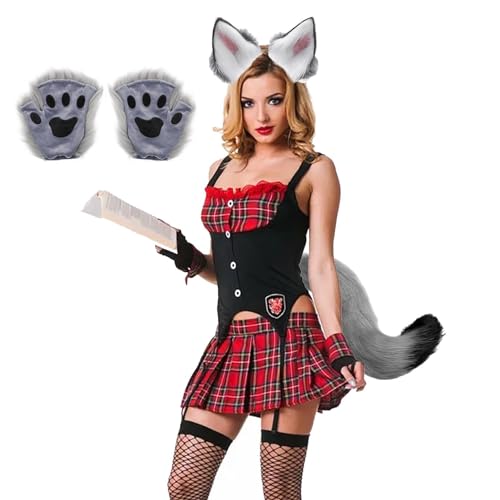 Pelziges Wolfohren-Schwanz-Handschuh-Set – Halloween-Wolf-Kostüm, künstlicher Wolf für Erwachsene | Schwanz Katzenohren Kopfbedeckung Cosplay Kostüm, ausgefallene Partyanzüge für Halloween Weihnachten von Nixieen