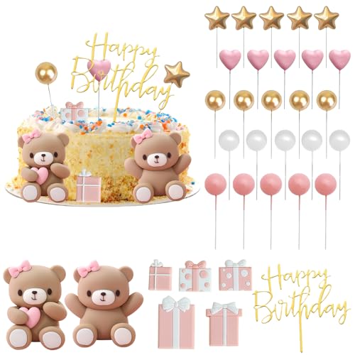 Nizirioo 33 Stück Tortendeko Mädchen: Kuchen BraunBär Deko, Tortendeko Kugeln, Rosa Weiß Gold Kuchen Schaumkugeln, Geschenkboxen, Happy Birthday Tortendeko, KuchenDeko für Mädchen Babyparty Geburtstag von Nizirioo