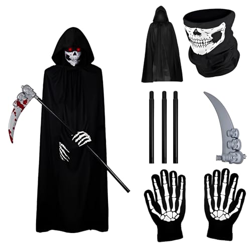 Nizirioo Erwachsene Sensenmann Kostüm Set: Sensenmann Kostüm Herren Damen, Kostüm mit Sensenmann Mantel, Sense, Gesichts Handtuch, Handschuhe für Halloween Dekoration, Cosplay, Maskerade (Schwarz) von Nizirioo