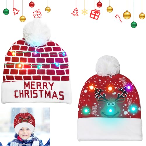 Nizirioo LED Dehnbare Weihnachtsmützen Weihnachten Strickmütze 2 Stück LED Leuchten Strickmütze Unisex Nikolaus Mütze Beanie Leuchtende Weihnachtsmützen für Unisex für Weihnachtsfeier von Nizirioo