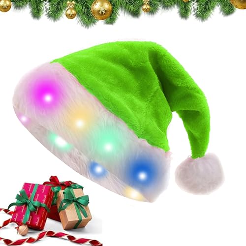 Nizirioo Weihnachtsmütze LED Nikolausmütze, Grün Plüschseite Leuchtendem Weihnachtsmann Mütz Santa Hat, Erwachsene Nikolausmützen für Weihnachten Neujahr Feiertagsparty (Buntes Licht) von Nizirioo