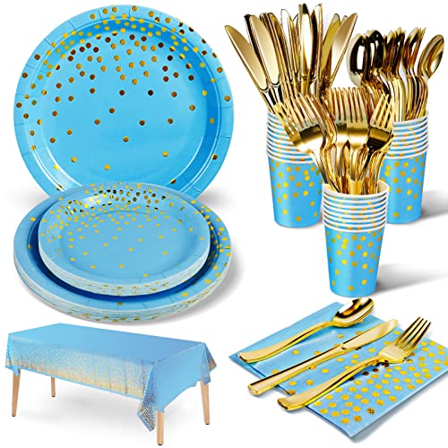 141 Stück Himmelblaugold Partygeschirr, Pappteller Kindergeburtstag Set, ​Geburtstag Party Geschirr, Partyzubehör Papier Wiederverwendbar Geschirr Set einschließlich Papier Teller Becher -20 Gäste von Nkaiso