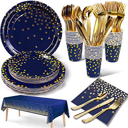 141 Stück Marineblaugold Partygeschirr, Pappteller Kindergeburtstag Set, ​Geburtstag Party Geschirr, Partyzubehör Papier Wiederverwendbar Geschirr Set einschließlich Papier Teller Becher -20 Gäste von Nkaiso