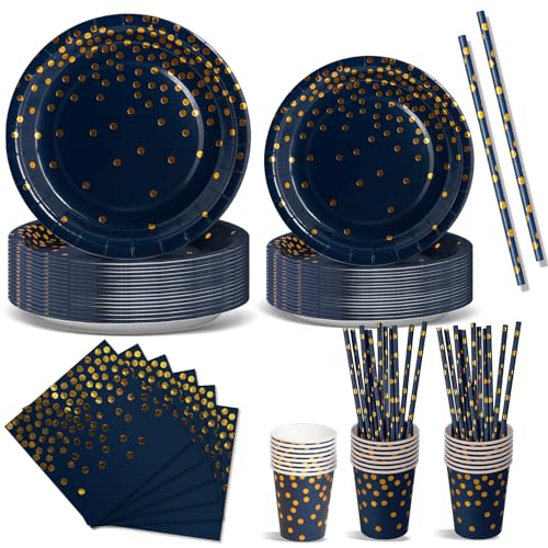 Nkaiso Partygeschirr 120 Stück Marineblaugold Kindergeburtstag Mädchen Party Deko Zubehör Set ​Papier Geschirrset einschließlich Pappteller Gabeln Servietten für Hochzeiten Deko Jubiläums-24 Gäste von Nkaiso