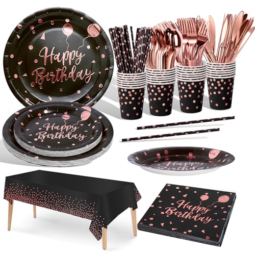 Nkaiso Partygeschirr Kindergeburtstag, 161 Pieces Schwarz und Rotgold Partygeschirr Set mit Becher Servietten Tischdecke Pappteller Wiederverwendbargeschirr Geburtstagsdeko -20 Gäste von Nkaiso