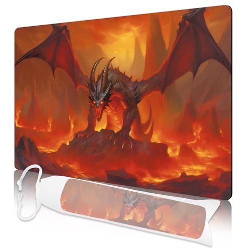 Nkddert MTG Spielmatte, Spielmatten für TCG, 61 x 35,6 cm, MTG-Spielmatte mit kostenloser Aufbewahrungstasche für Kartenspiele, wasserdichte und rutschfeste Gaming-Spielmatte (Flaming Dragon MTG von Nkddert