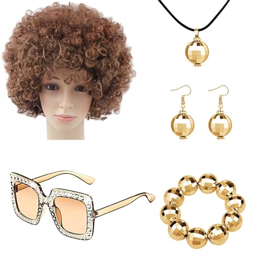 1970er Jahre Damen Disco Zubehör Set Rapper Kostüm Bling Disco Ball Zubehör - Afro-Perücke, Ohrringe, Sonnenbrille, Discokugel von Nkmujil