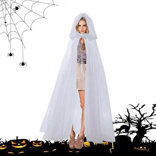 Nkmujil Halloween Hooded Cape, Long Ghost Costume, Wizard Cloak for Adults, Tulle Sheer Halloween Cape, Halloween Costume Cloak, Hooded Cape for Teenagers, Adults, Polyester, 1.7 x1.5m, 1.5 x1m von Nkmujil