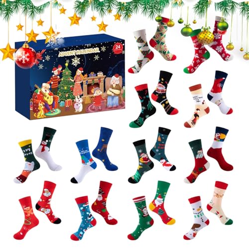 Socken-Adventskalender, 24-Tage-Socken-Countdown-Kalender, weiche Weihnachtssocken, Weihnachtszubehör aus Baumwolle für Erwachsene und Frauen, Weihnachtsgeschenkidee für den gemütlichen Dezember von Nkmujil