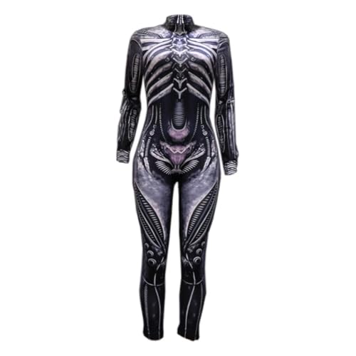 Nlqhyrexion Halloween Skelett Kostüm Damen, Overall Jumpsuit Cosplay, Fasching Knochen Skeleton Anzug für Erwachsene（L von Nlqhyrexion