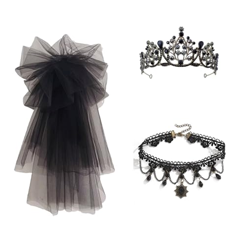 Nlqhyrexion Schwarzer Schleier Karneval - Gothic Halskette und Haarreif, Brautschleier Halloween Kopfschmuck Set, Geisterbraut Kostüm Accessoires Damen von Nlqhyrexion