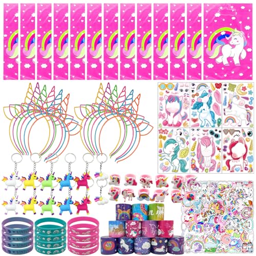 NlsqEU 134Stück Einhorn Party Mitgebsel Kindergeburtstag Einhorn Geburtstag Geschenktüten Haarreif Schnapparmband Schlüsselanhänger Aufkleber Ring Silikonarmband Geburtstag Mitbringsel von NlsqEU