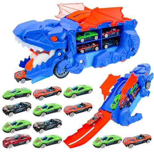 NlsqEU Auto Transporter Dinosaurier, Autotransporter Spielzeug, 1 2 in 1 Folding Portable Track Dino Transporter, 12 Rennautos, Auto Platz für 20 Autos, für Jungen im Alter von 3-7 Jahren Geschenk von NlsqEU